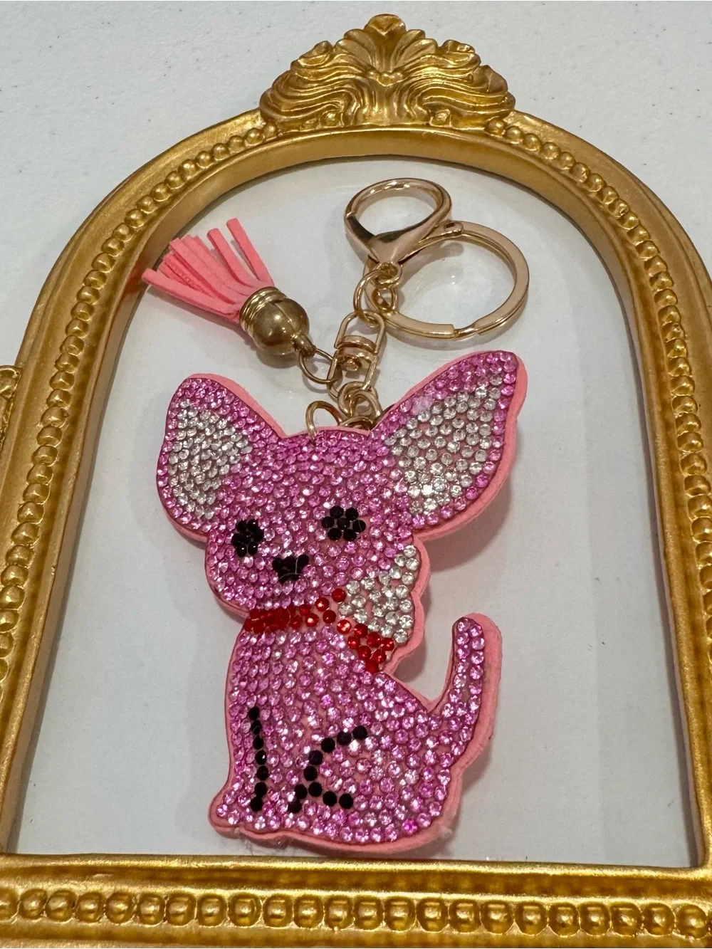 New Pink Crystal Chihuahua Keychain Charm with Tassel
